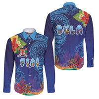 Fiji Day Family Matching Off Shoulder Short Dress and Hawaiian Shirt Coral Reef with Tapa Motifs and Hibiscus Ocean Vibe LT03 Dad's Shirt - Long Sleeve Blue - Polynesian Pride