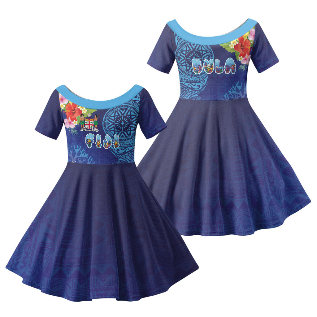 Fiji Day Family Matching Short Sleeve Bodycon Dress and Hawaiian Shirt Coral Reef with Tapa Motifs and Hibiscus Ocean Vibe LT03 Daughter's Dress Blue - Polynesian Pride