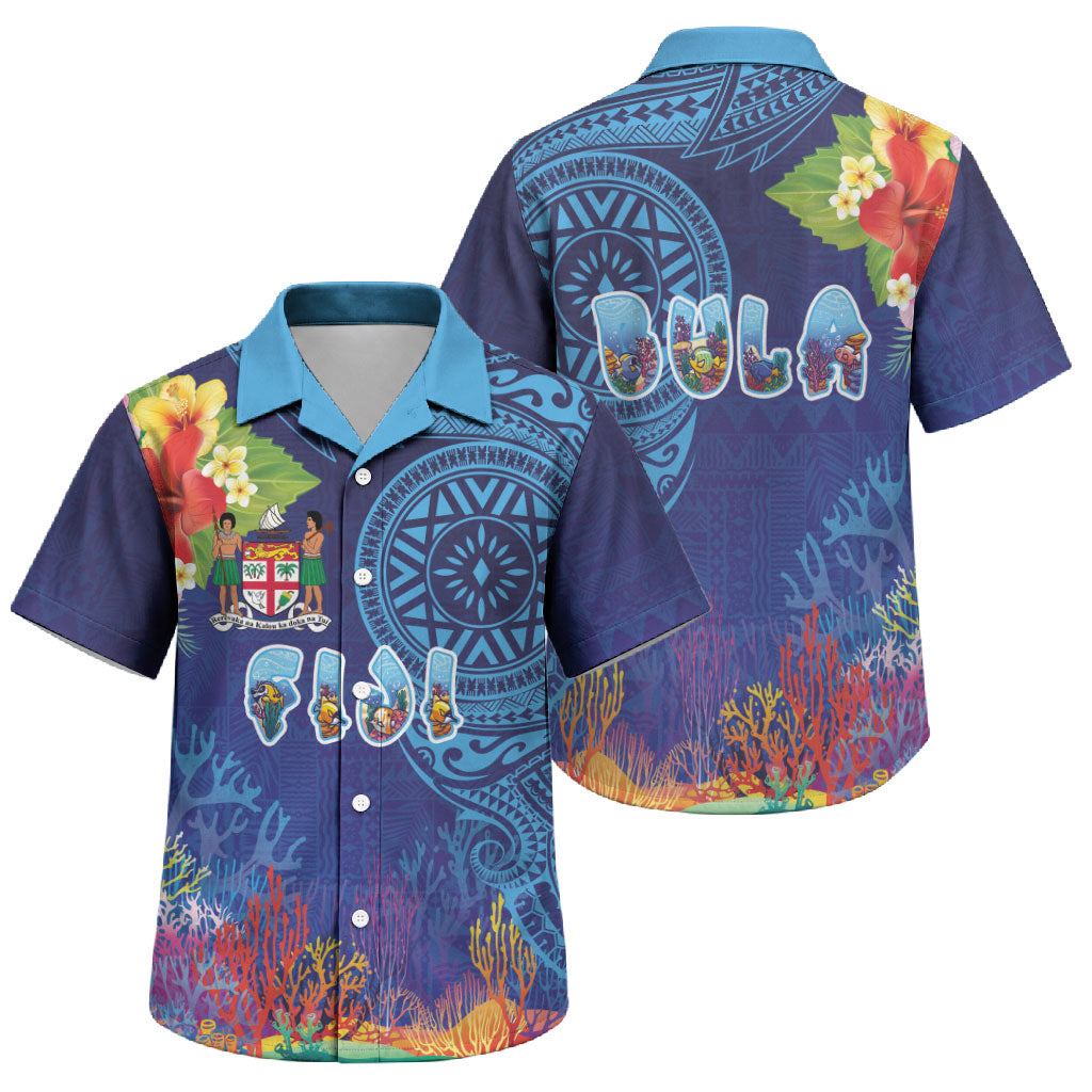 Fiji Day Family Matching Short Sleeve Bodycon Dress and Hawaiian Shirt Coral Reef with Tapa Motifs and Hibiscus Ocean Vibe LT03 Son's Shirt Blue - Polynesian Pride