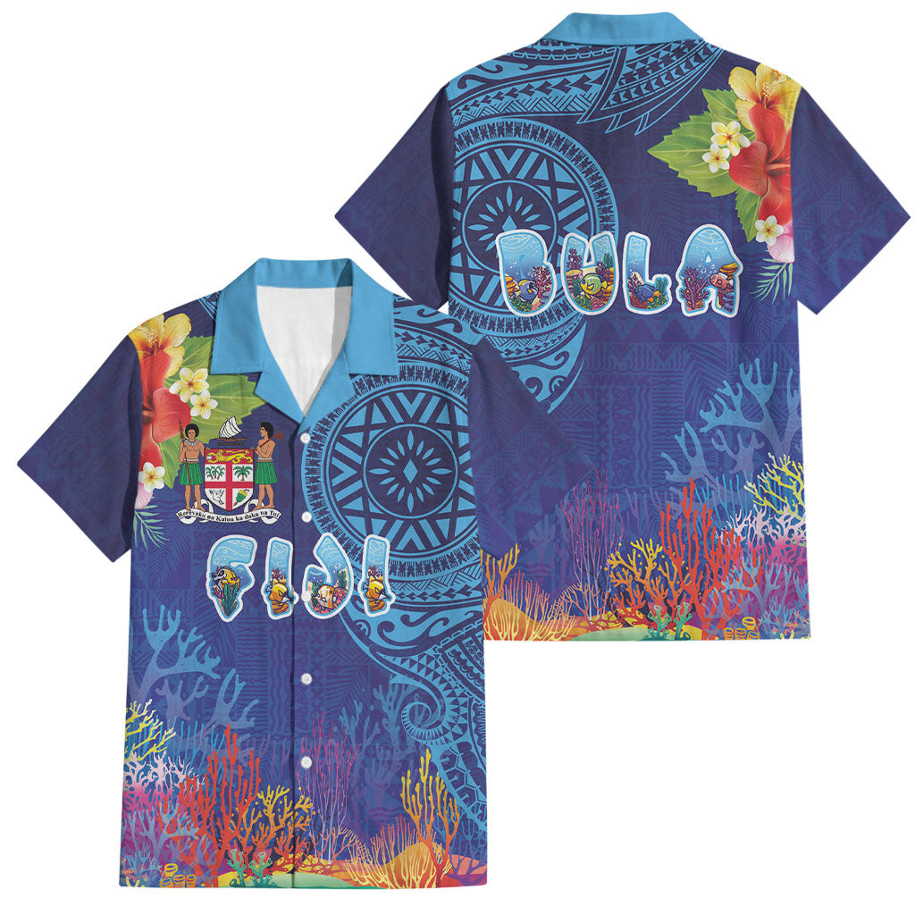 Fiji Day Family Matching Tank Maxi Dress and Hawaiian Shirt Coral Reef with Tapa Motifs and Hibiscus Ocean Vibe LT03 Dad's Shirt - Short Sleeve Blue - Polynesian Pride