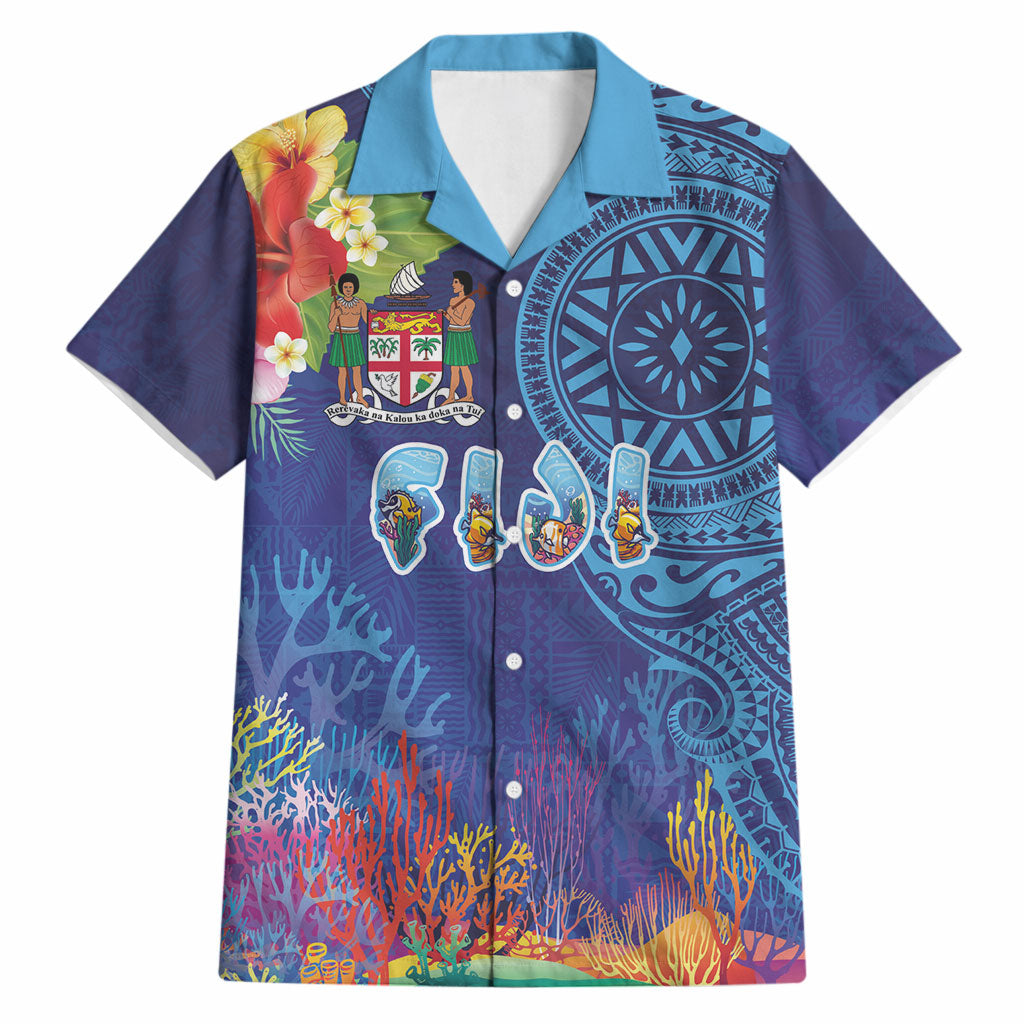 Fiji Day Hawaiian Shirt Coral Reef with Tapa Motifs and Hibiscus Ocean Vibe