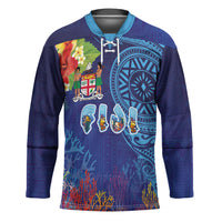 Fiji Day Hockey Jersey Coral Reef with Tapa Motifs and Hibiscus Ocean Vibe LT03 Unisex Blue - Polynesian Pride