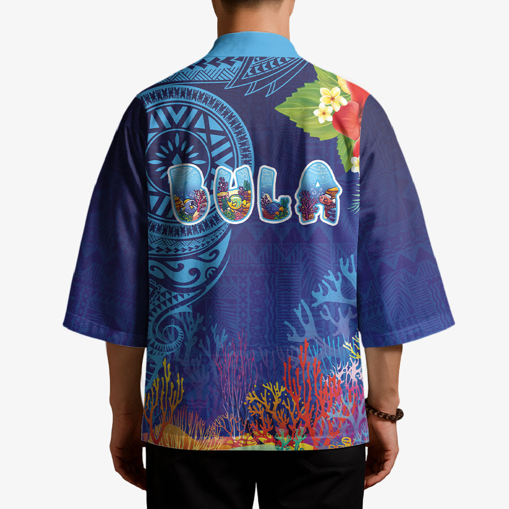 Fiji Day Kimono Coral Reef with Tapa Motifs and Hibiscus Ocean Vibe LT03 - Polynesian Pride