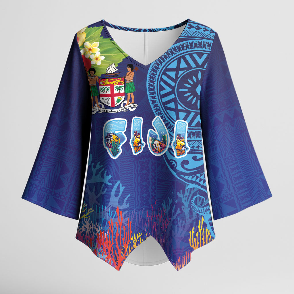 Fiji Day Kimono Sleeve Blouse Coral Reef with Tapa Motifs and Hibiscus Ocean Vibe LT03 Female Blue - Polynesian Pride