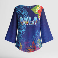 Fiji Day Kimono Sleeve Blouse Coral Reef with Tapa Motifs and Hibiscus Ocean Vibe LT03 - Polynesian Pride