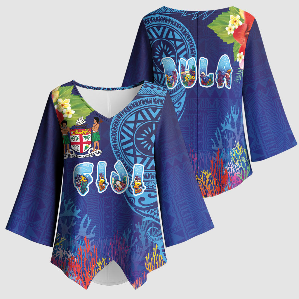 Fiji Day Kimono Sleeve Blouse Coral Reef with Tapa Motifs and Hibiscus Ocean Vibe LT03 - Polynesian Pride