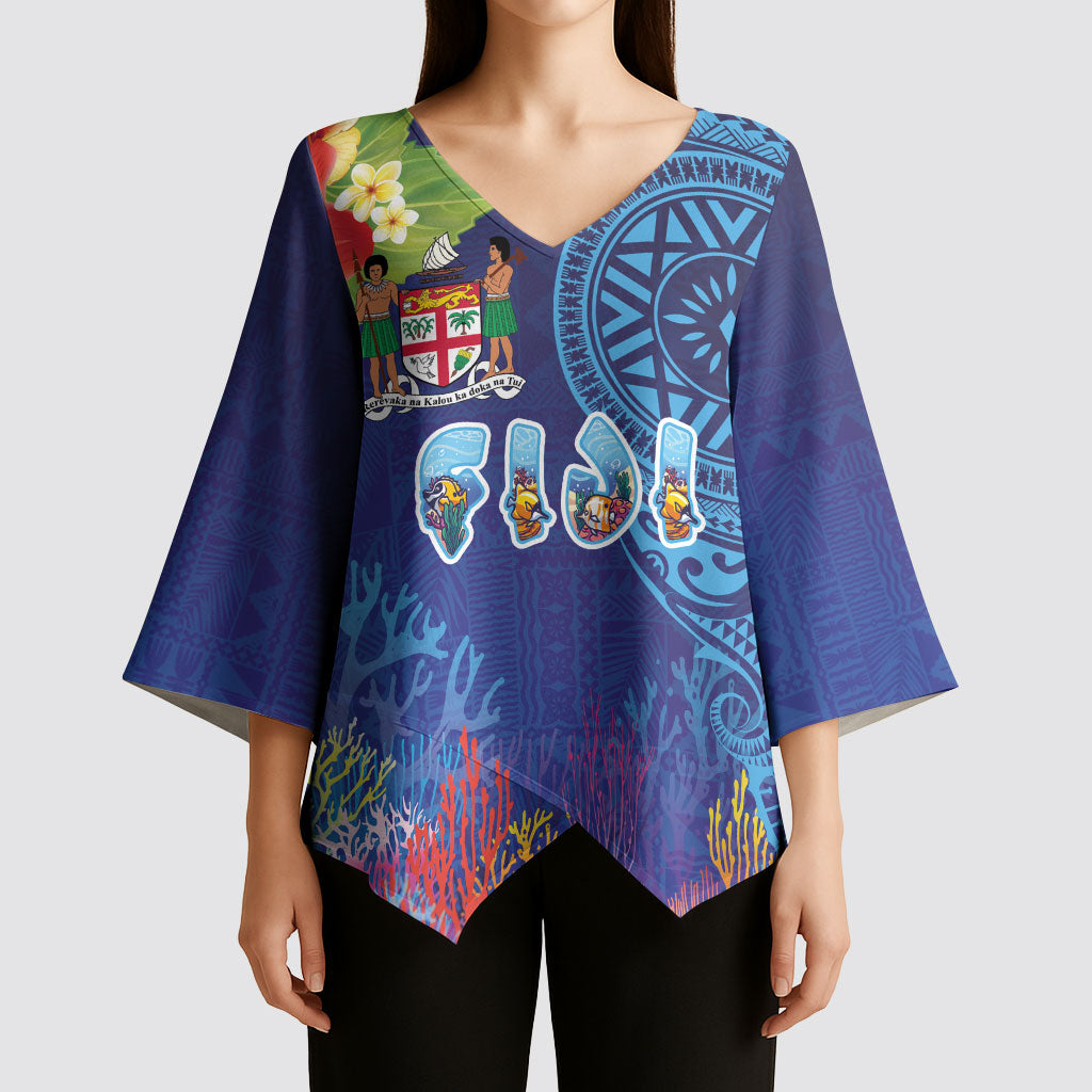 Fiji Day Kimono Sleeve Blouse Coral Reef with Tapa Motifs and Hibiscus Ocean Vibe LT03 - Polynesian Pride