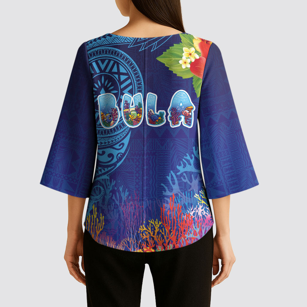 Fiji Day Kimono Sleeve Blouse Coral Reef with Tapa Motifs and Hibiscus Ocean Vibe LT03 - Polynesian Pride