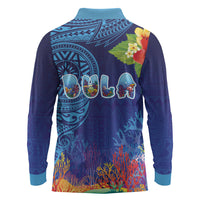 Fiji Day Long Sleeve Polo Shirt Coral Reef with Tapa Motifs and Hibiscus Ocean Vibe