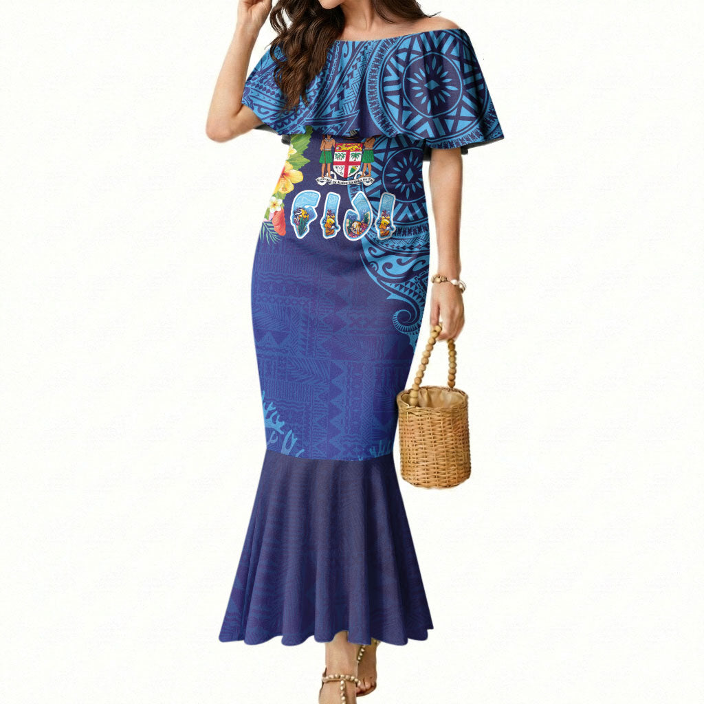 Fiji Day Mermaid Dress Coral Reef with Tapa Motifs and Hibiscus Ocean Vibe LT03 Women Blue - Polynesian Pride