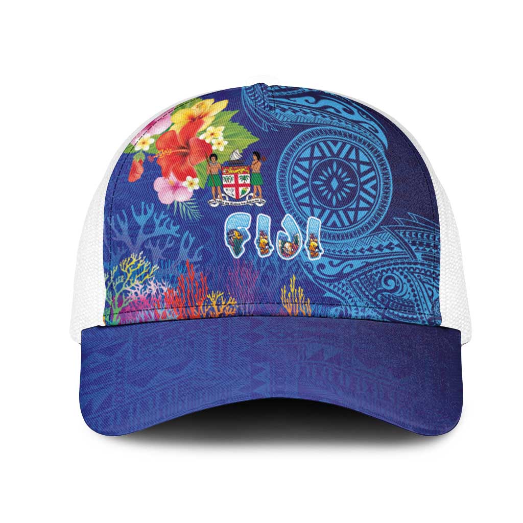 Fiji Day Mesh Trucker Cap Coral Reef with Tapa Motifs and Hibiscus Ocean Vibe LT03 One Size White Blue - Polynesian Pride