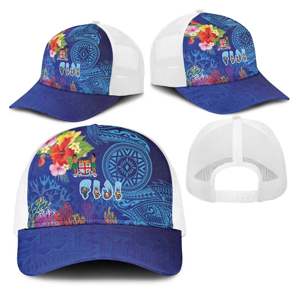 Fiji Day Mesh Trucker Cap Coral Reef with Tapa Motifs and Hibiscus Ocean Vibe LT03 - Polynesian Pride