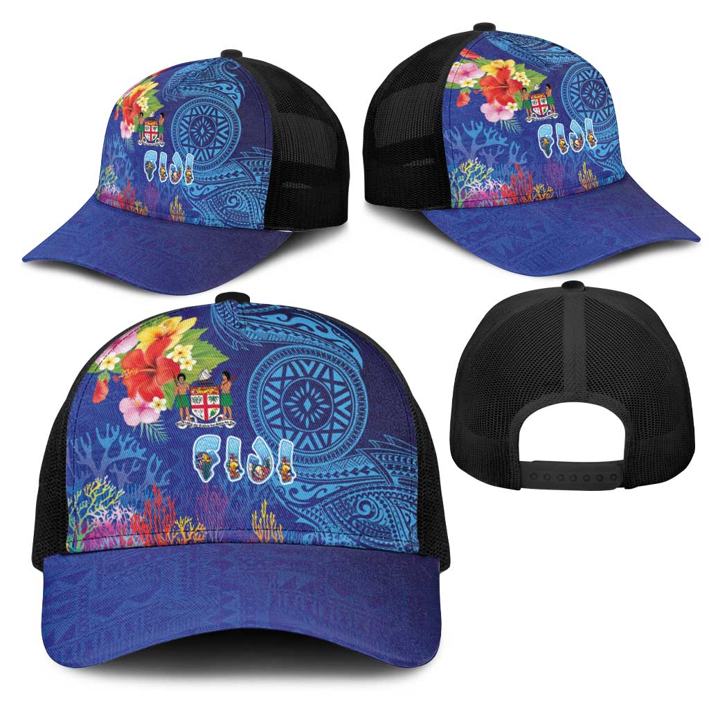 Fiji Day Mesh Trucker Cap Coral Reef with Tapa Motifs and Hibiscus Ocean Vibe LT03 - Polynesian Pride
