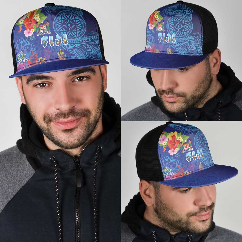 Fiji Day Mesh Trucker Cap Coral Reef with Tapa Motifs and Hibiscus Ocean Vibe LT03 - Polynesian Pride