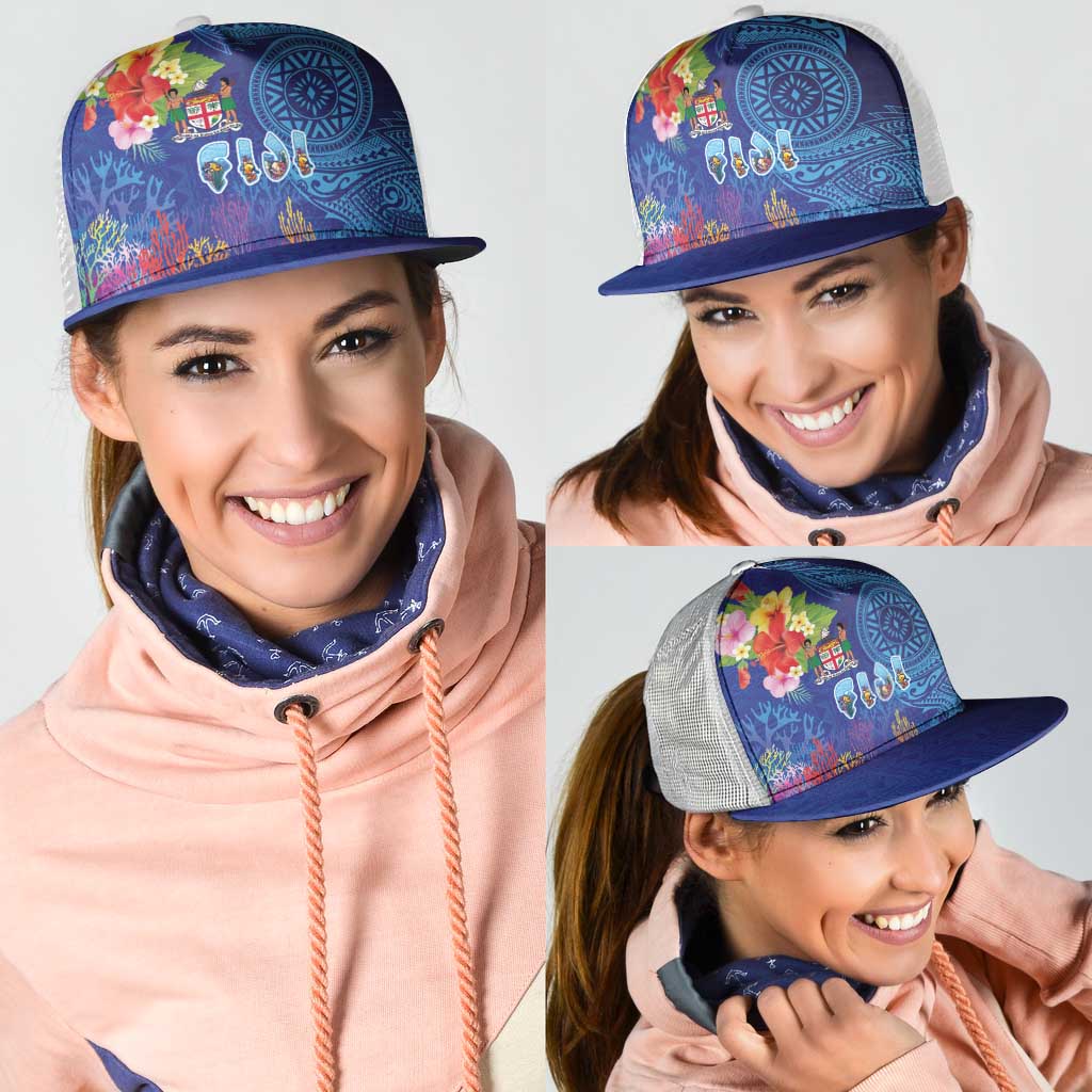Fiji Day Mesh Trucker Cap Coral Reef with Tapa Motifs and Hibiscus Ocean Vibe LT03 - Polynesian Pride
