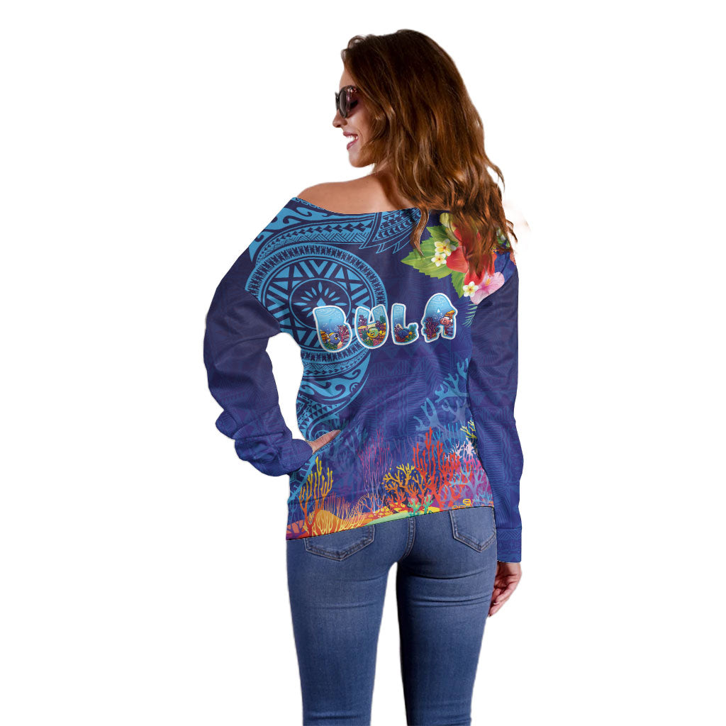 Fiji Day Off Shoulder Sweater Coral Reef with Tapa Motifs and Hibiscus Ocean Vibe LT03 - Polynesian Pride