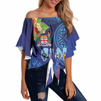Fiji Day Off Shoulder Wrap Waist Top Coral Reef with Tapa Motifs and Hibiscus Ocean Vibe LT03 Blue - Polynesian Pride