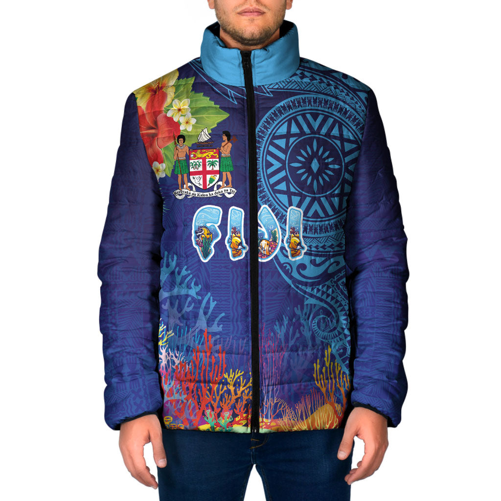 Fiji Day Padded Jacket Coral Reef with Tapa Motifs and Hibiscus Ocean Vibe LT03 Men Blue - Polynesian Pride
