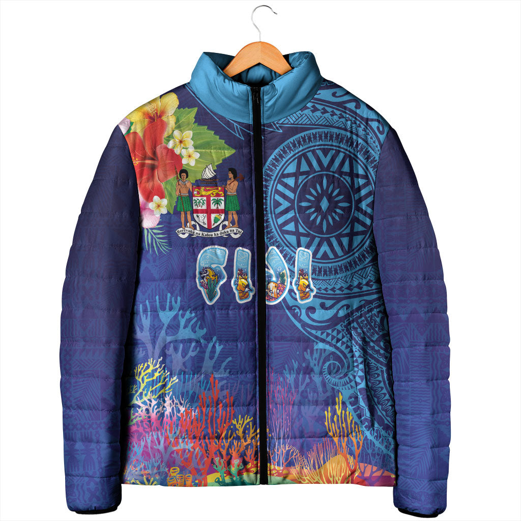 Fiji Day Padded Jacket Coral Reef with Tapa Motifs and Hibiscus Ocean Vibe LT03 - Polynesian Pride