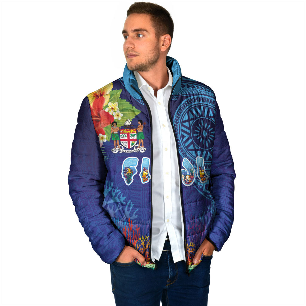 Fiji Day Padded Jacket Coral Reef with Tapa Motifs and Hibiscus Ocean Vibe LT03 - Polynesian Pride
