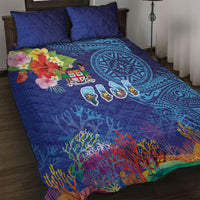 Fiji Day Quilt Bed Set Coral Reef with Tapa Motifs and Hibiscus Ocean Vibe LT03 Blue - Polynesian Pride