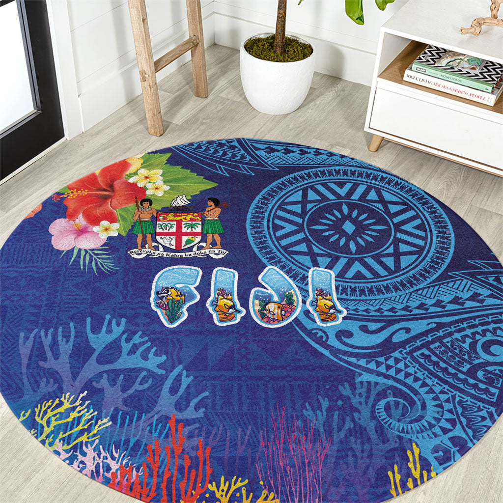 Fiji Day Round Carpet Coral Reef with Tapa Motifs and Hibiscus Ocean Vibe LT03 Blue - Polynesian Pride