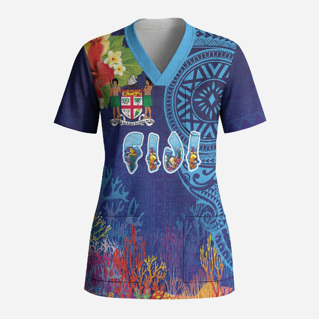 Fiji Day Scrub Top Coral Reef with Tapa Motifs and Hibiscus Ocean Vibe LT03 Adult Blue - Polynesian Pride