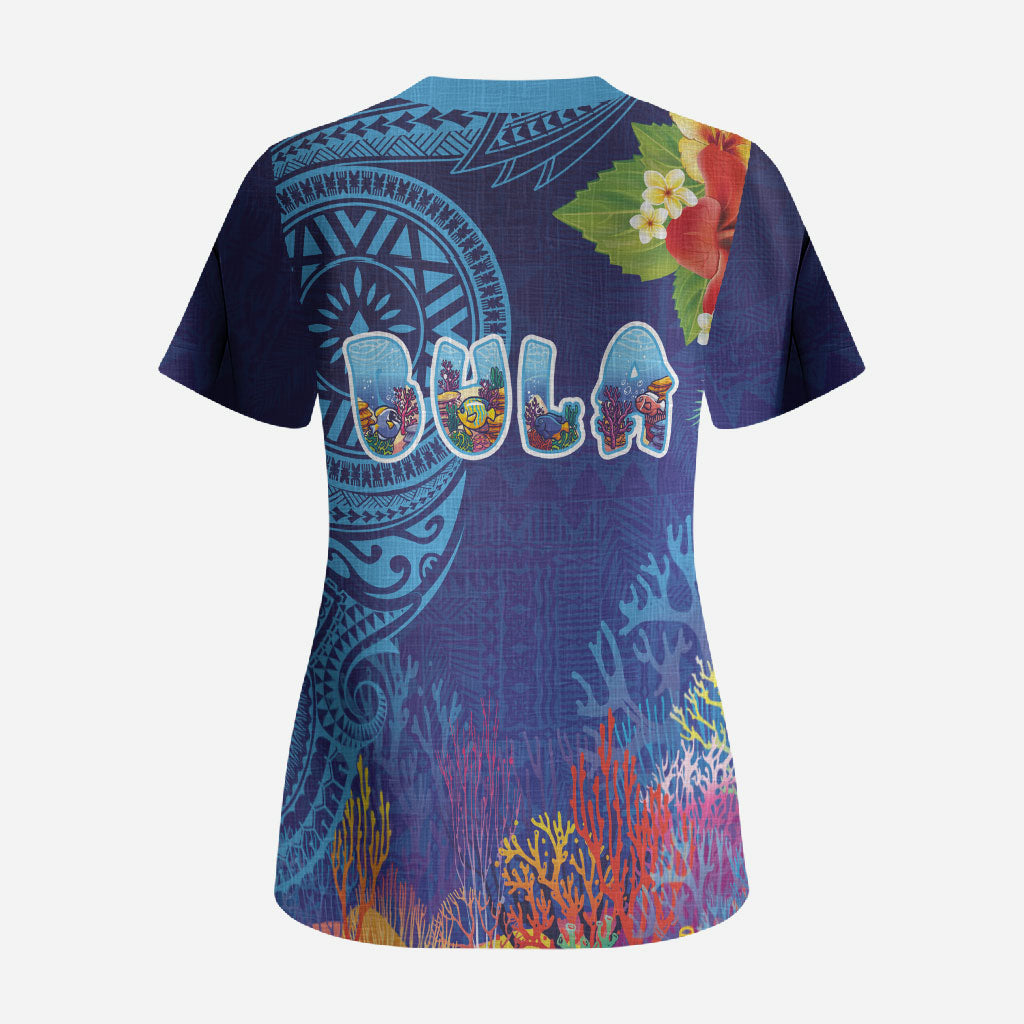 Fiji Day Scrub Top Coral Reef with Tapa Motifs and Hibiscus Ocean Vibe LT03 - Polynesian Pride