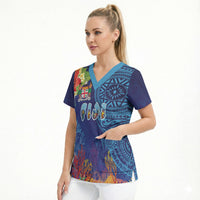 Fiji Day Scrub Top Coral Reef with Tapa Motifs and Hibiscus Ocean Vibe LT03 - Polynesian Pride