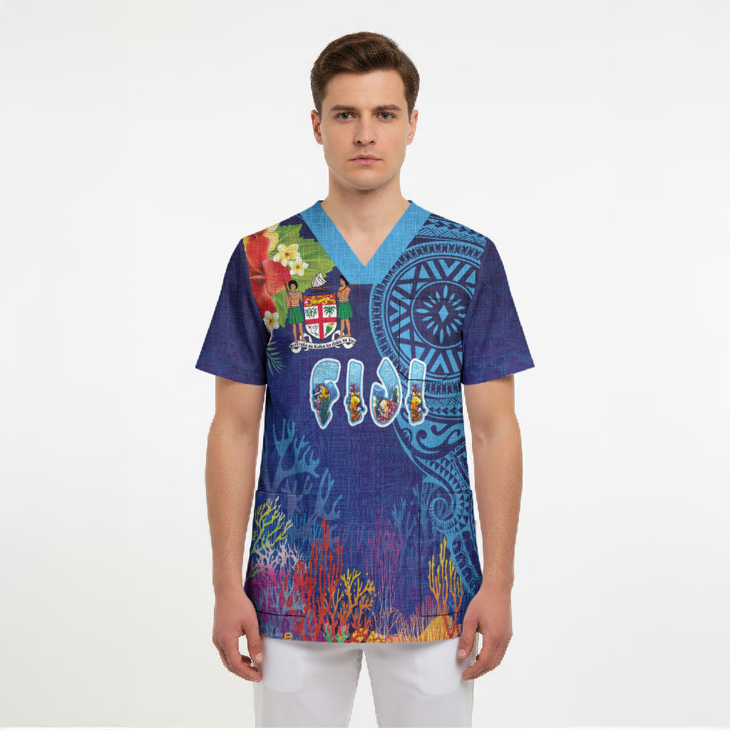 Fiji Day Scrub Top Coral Reef with Tapa Motifs and Hibiscus Ocean Vibe LT03 - Polynesian Pride