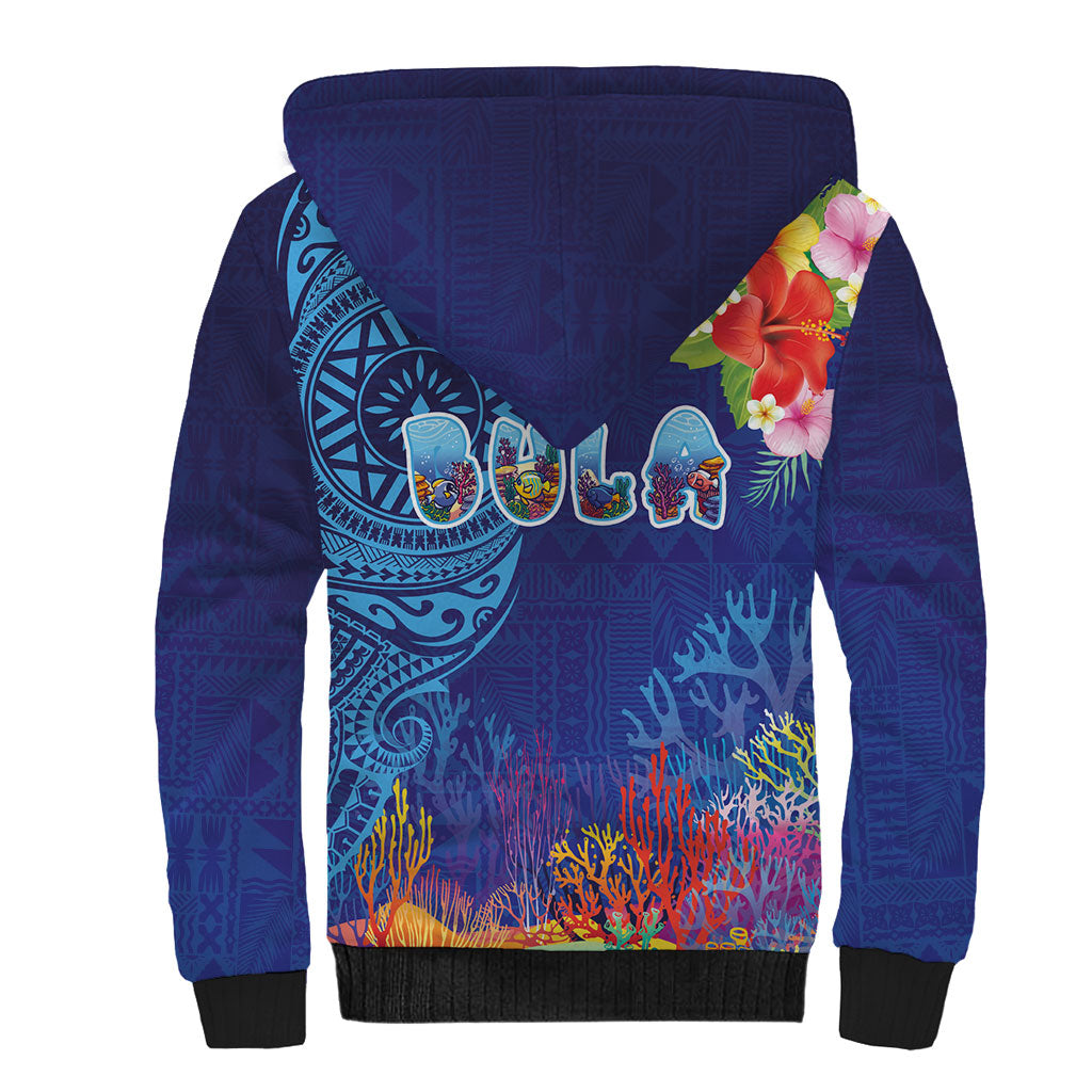 Fiji Day Sherpa Hoodie Coral Reef with Tapa Motifs and Hibiscus Ocean Vibe LT03 - Polynesian Pride