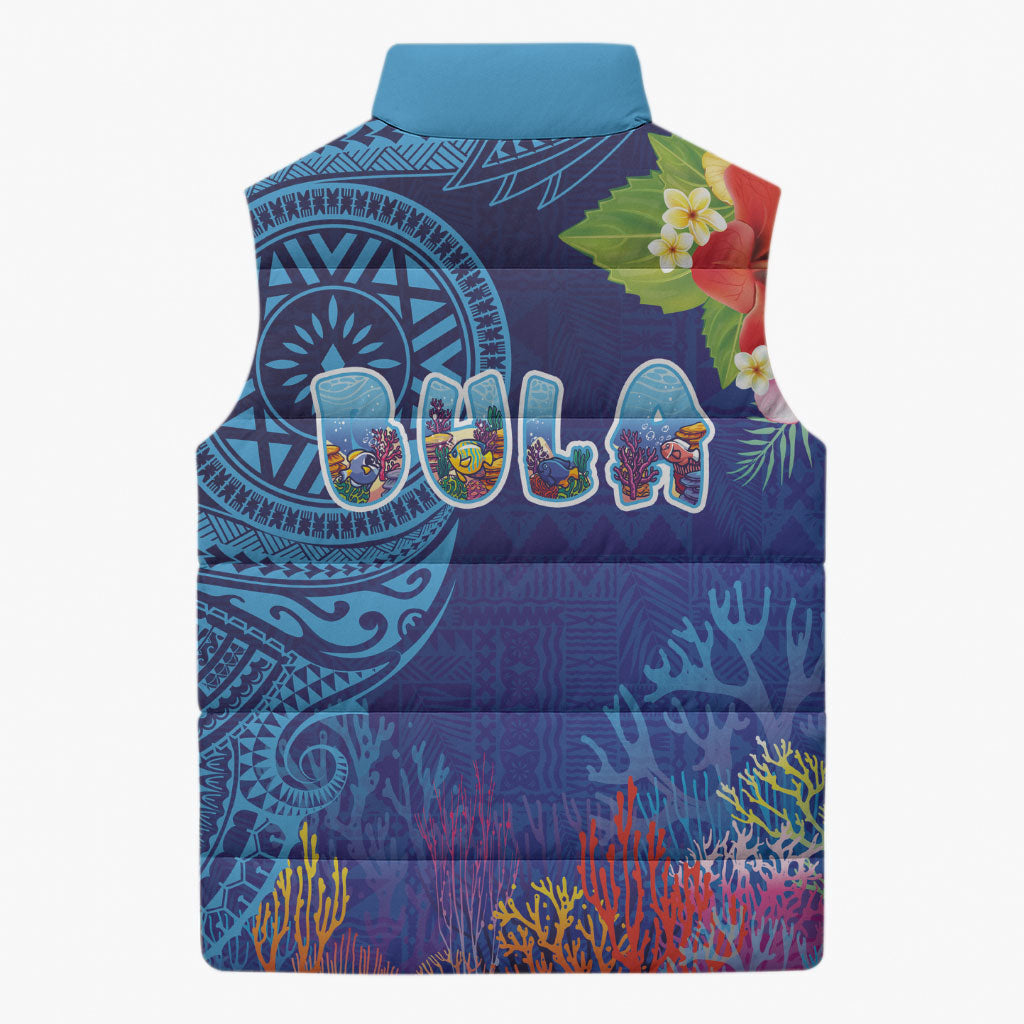 Fiji Day Sleeveless Puffer Jacket Coral Reef with Tapa Motifs and Hibiscus Ocean Vibe LT03 - Polynesian Pride