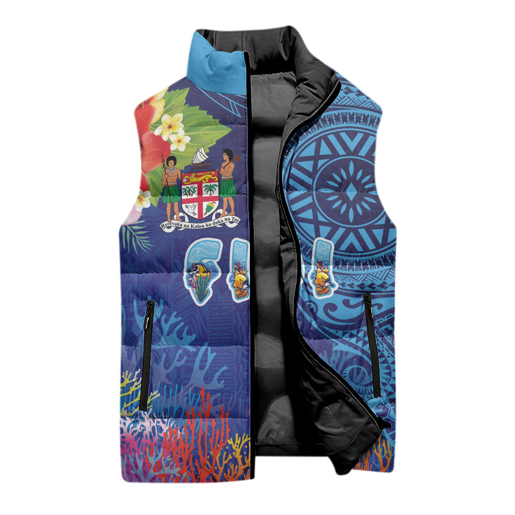 Fiji Day Sleeveless Puffer Jacket Coral Reef with Tapa Motifs and Hibiscus Ocean Vibe LT03 - Polynesian Pride