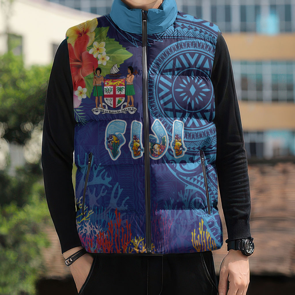 Fiji Day Sleeveless Puffer Jacket Coral Reef with Tapa Motifs and Hibiscus Ocean Vibe LT03 - Polynesian Pride