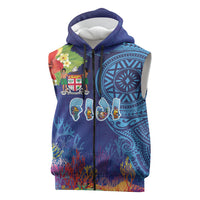 Fiji Day Sleeveless Zip Hoodie Coral Reef with Tapa Motifs and Hibiscus Ocean Vibe LT03 Blue - Polynesian Pride
