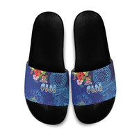 Fiji Day Slide Sandals Coral Reef with Tapa Motifs and Hibiscus Ocean Vibe LT03 Blue - Polynesian Pride