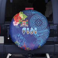 Fiji Day Spare Tire Cover Coral Reef with Tapa Motifs and Hibiscus Ocean Vibe LT03 No hole Blue - Polynesian Pride