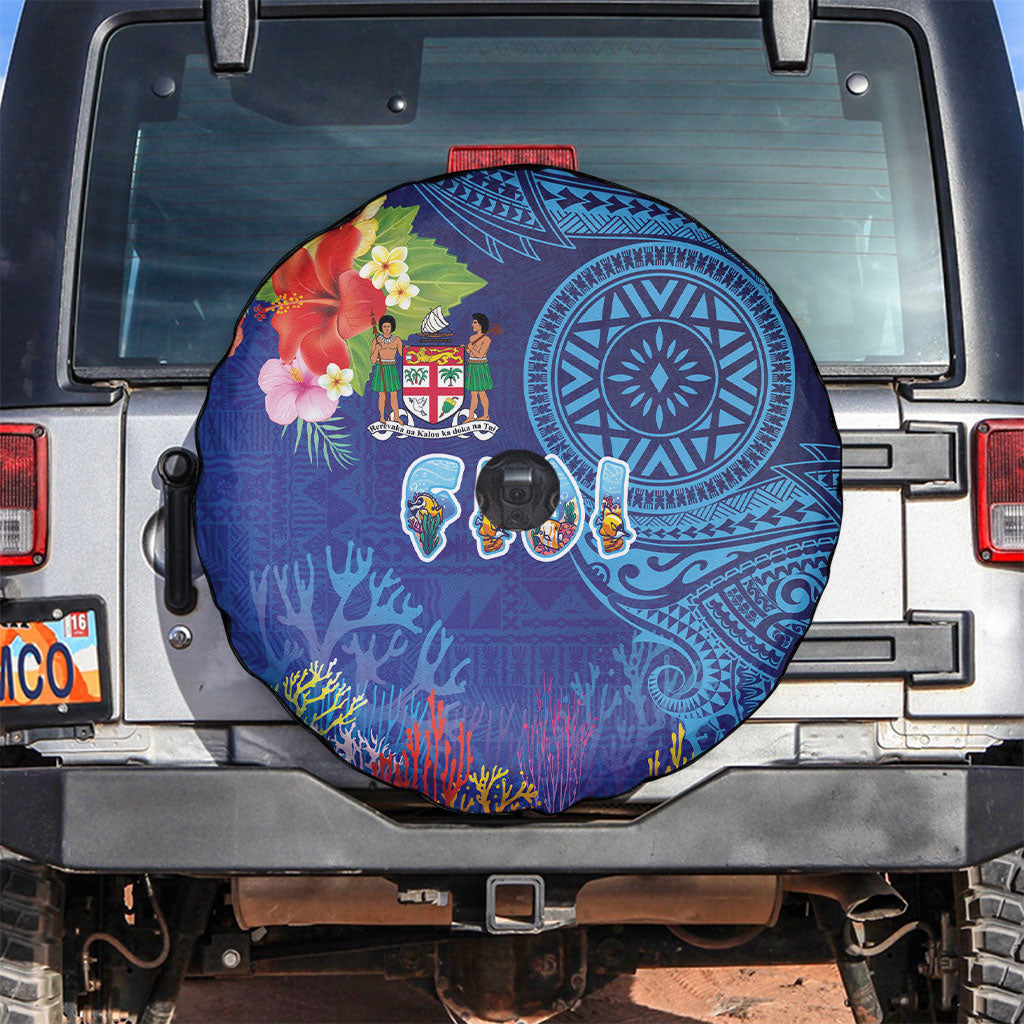 Fiji Day Spare Tire Cover Coral Reef with Tapa Motifs and Hibiscus Ocean Vibe LT03 Blue - Polynesian Pride