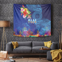 Fiji Day Tapestry Coral Reef with Tapa Motifs and Hibiscus Ocean Vibe LT03 Blue - Polynesian Pride