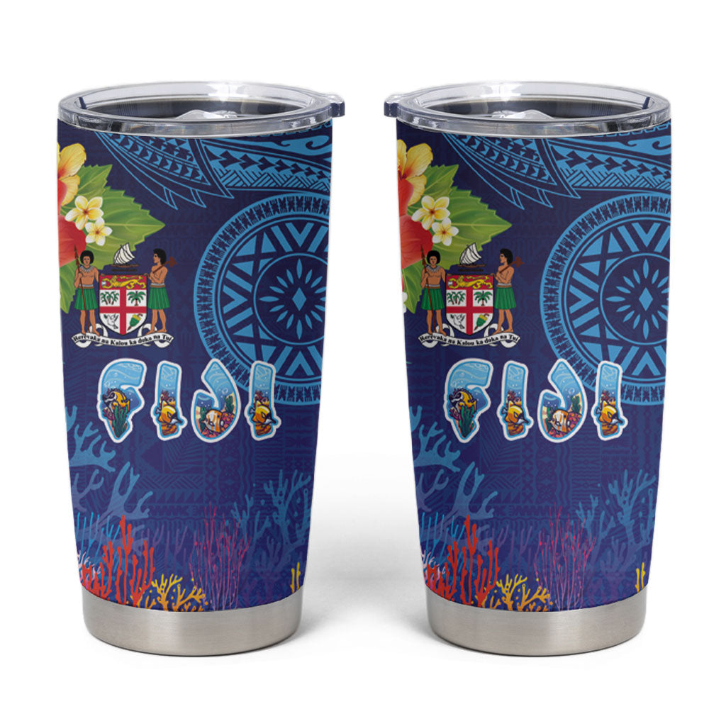 Fiji Day Tumbler Cup Coral Reef with Tapa Motifs and Hibiscus Ocean Vibe LT03 Blue - Polynesian Pride