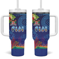 Fiji Day Tumbler With Handle Coral Reef with Tapa Motifs and Hibiscus Ocean Vibe LT03 One Size: 40 oz Blue - Polynesian Pride