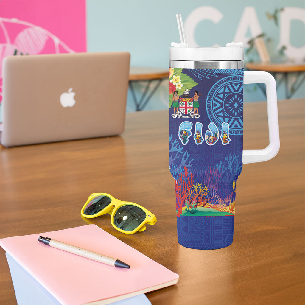 Fiji Day Tumbler With Handle Coral Reef with Tapa Motifs and Hibiscus Ocean Vibe LT03 - Polynesian Pride