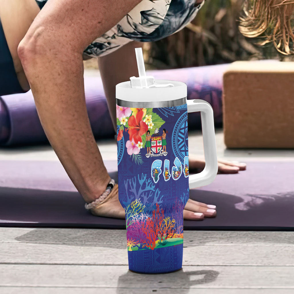 Fiji Day Tumbler With Handle Coral Reef with Tapa Motifs and Hibiscus Ocean Vibe LT03 - Polynesian Pride
