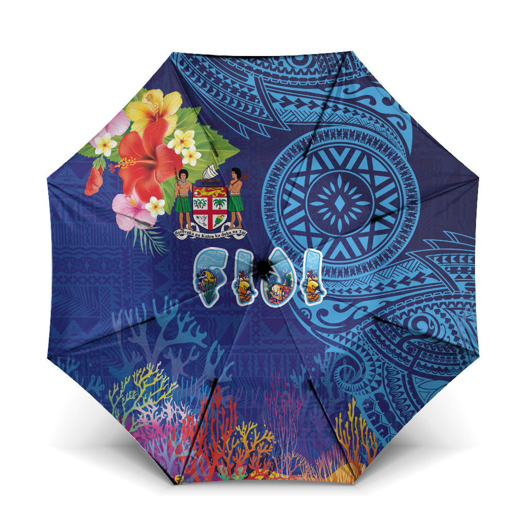 Fiji Day Umbrella Coral Reef with Tapa Motifs and Hibiscus Ocean Vibe LT03 One Size Folded 11.42 inch Opened Diameter 37.4 inch Blue - Polynesian Pride