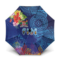Fiji Day Umbrella Coral Reef with Tapa Motifs and Hibiscus Ocean Vibe LT03 One Size Folded 11.42 inch Opened Diameter 37.4 inch Blue - Polynesian Pride