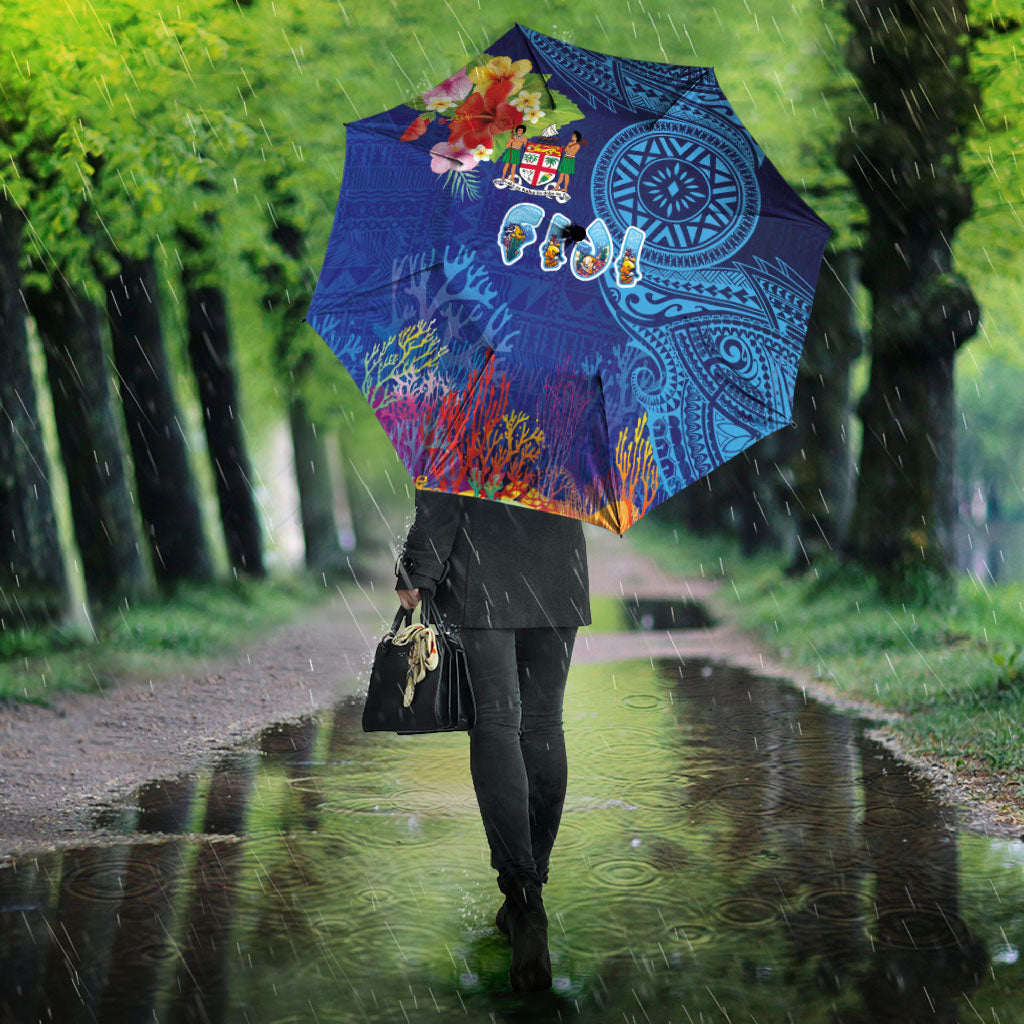 Fiji Day Umbrella Coral Reef with Tapa Motifs and Hibiscus Ocean Vibe LT03 - Polynesian Pride