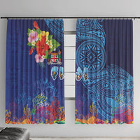 Fiji Day Window Curtain Coral Reef with Tapa Motifs and Hibiscus Ocean Vibe LT03 With Hooks Blue - Polynesian Pride