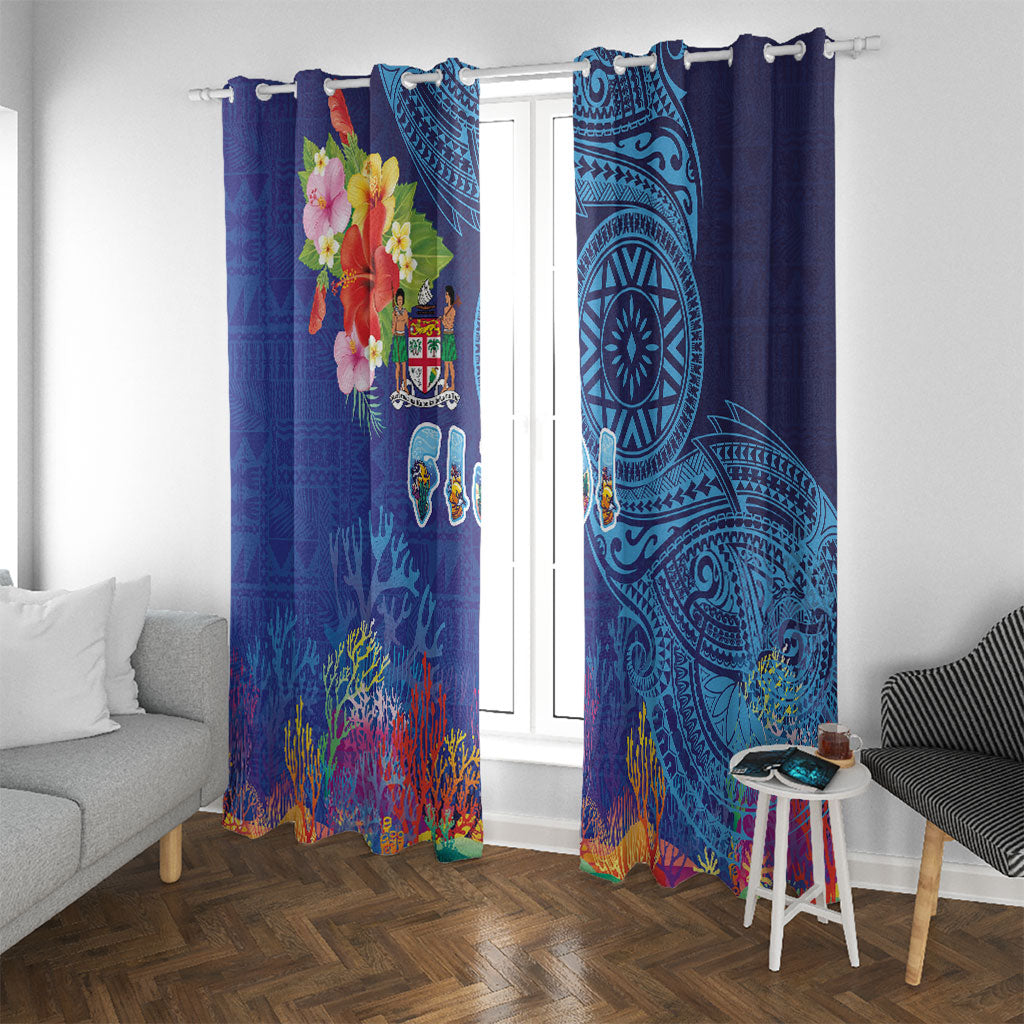 Fiji Day Window Curtain Coral Reef with Tapa Motifs and Hibiscus Ocean Vibe LT03 With Grommets Blue - Polynesian Pride