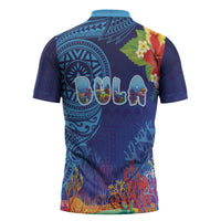 Fiji Day Zipper Polo Shirt Coral Reef with Tapa Motifs and Hibiscus Ocean Vibe LT03 - Polynesian Pride