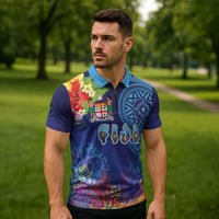 Fiji Day Zipper Polo Shirt Coral Reef with Tapa Motifs and Hibiscus Ocean Vibe LT03 - Polynesian Pride